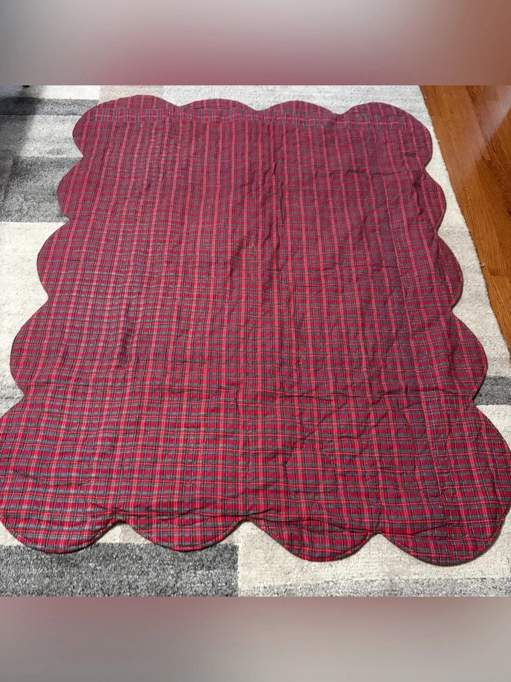 Vtg Hand-Sewn Christmas Quilt Double Wedding Ring Red Green Snowman Train 62x49
